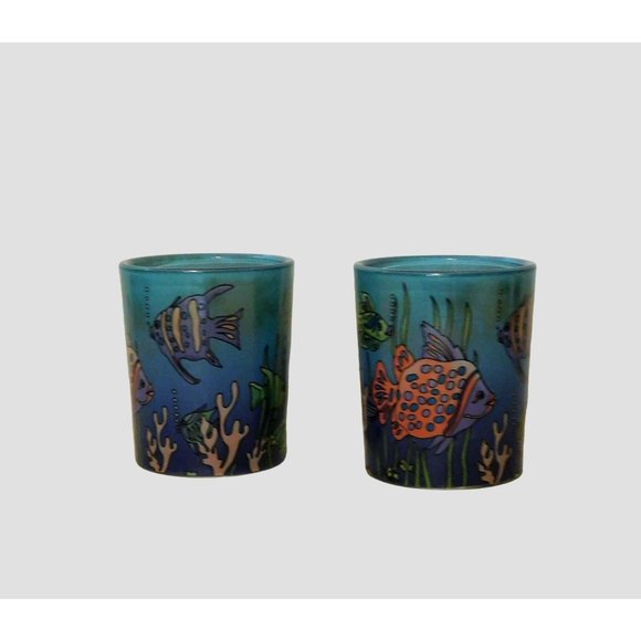 Party Lite Candle Votive Cups Fish Tales Set of 2 Boxed Multicolor 2.75 In. Tall - Picture 7 of 12